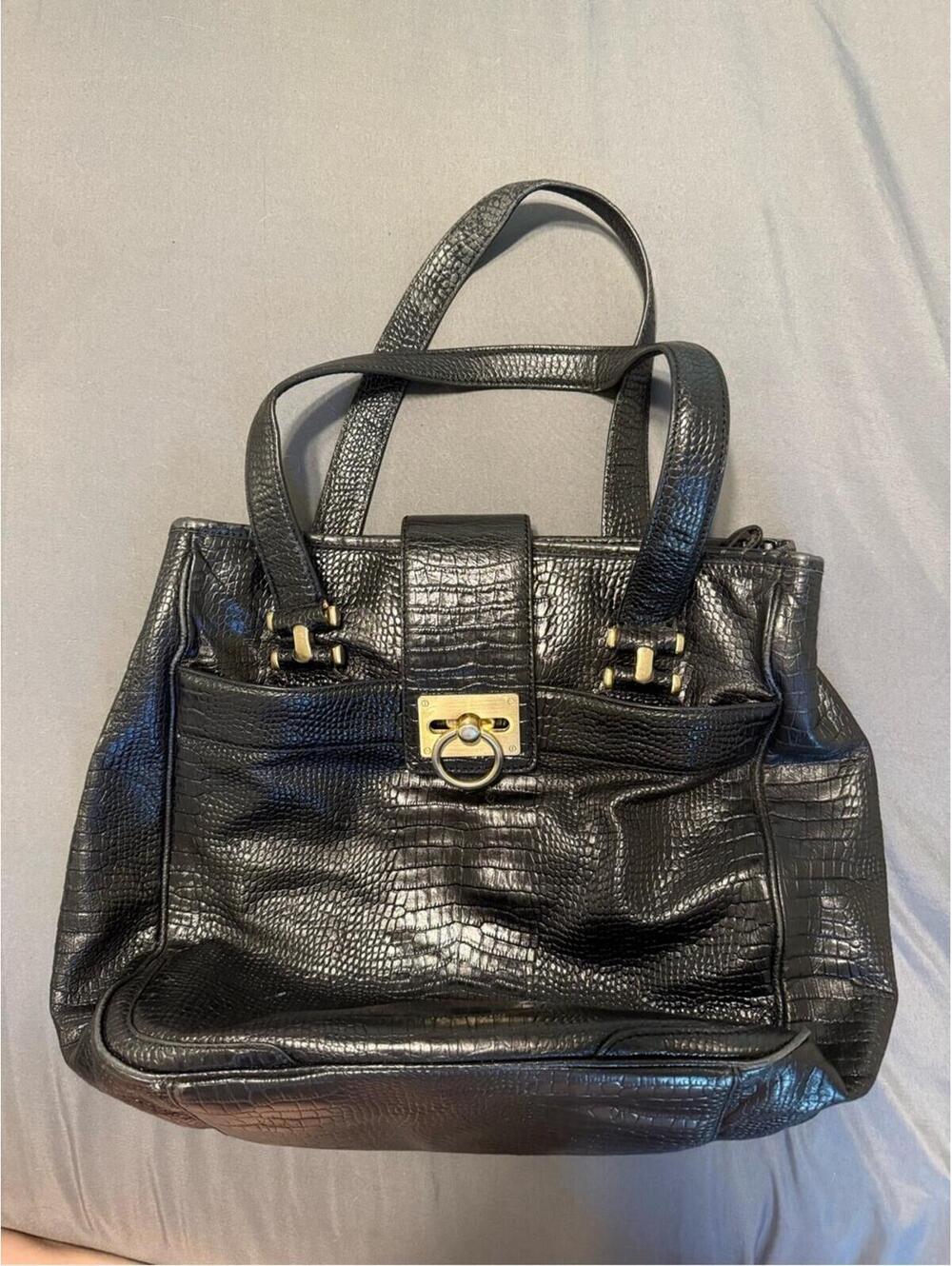 Ann Taylor Black Croc Embossed Leather Tote